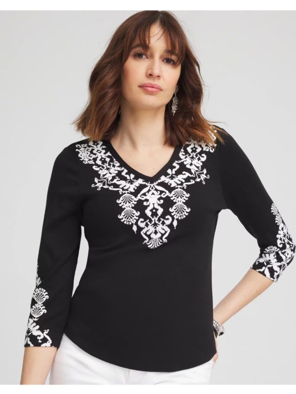 CHICO'S V-Neck Pima Cotton 3/4 Sleeve Everyday Tee Black Size 3/ XL